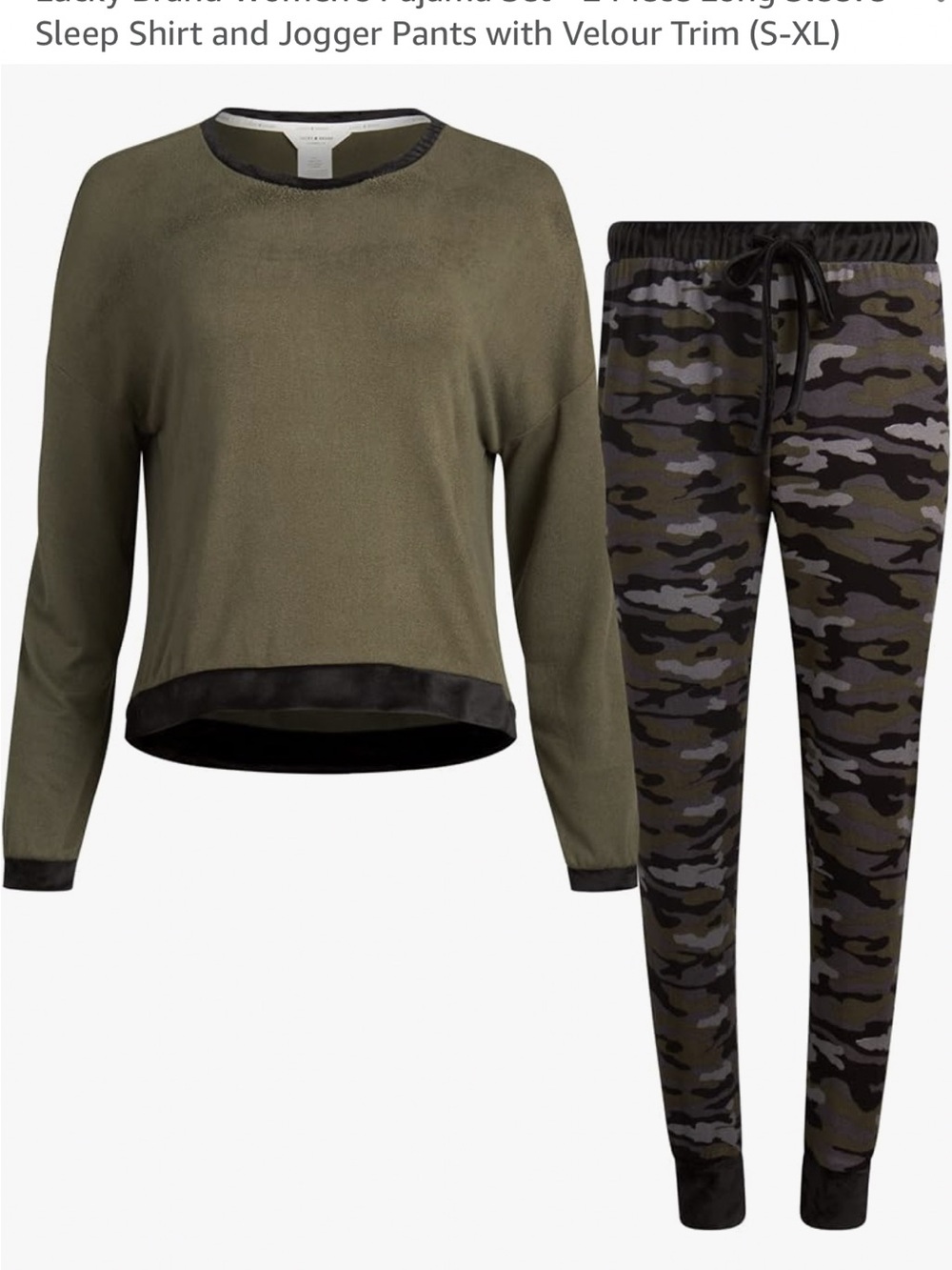 Lucky Brand Olive Green Velour-Trim Jogger Set with Camo Pants